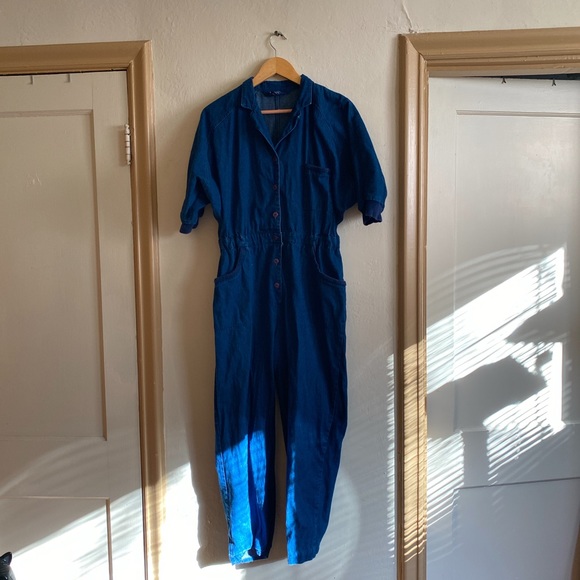 Vintage Pants - VTG Denim Button Front Jumpsuit / Coveralls Large